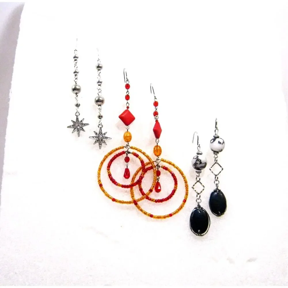 Set of Handcrafted Earrings Crystal drops Red Gold Hoops Krobo Beaded Drops